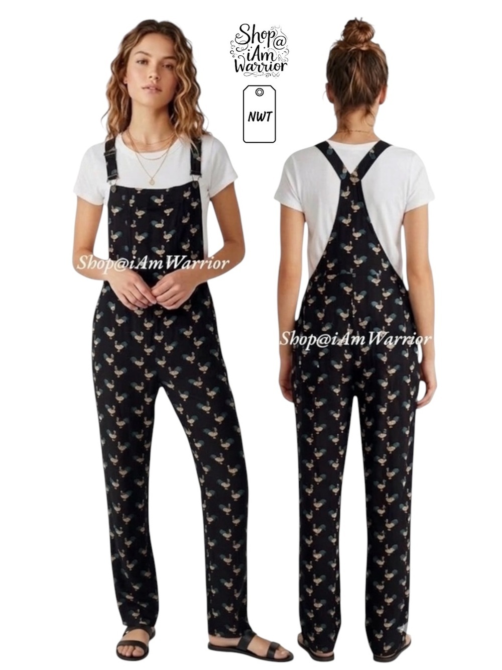 ModCloth Sugarhill Boutique NWT black rooster print overalls *shop@iamwarrior
